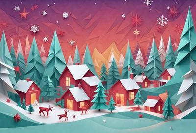 The primary subject of the image is a snowy village with a red house, surrounded by snow-covered trees. The setting is a winter landscape, and the visual style is a digital art or illustration. The colors and mood of the image are predominantly white and cold, with a touch of warmth from the red house.